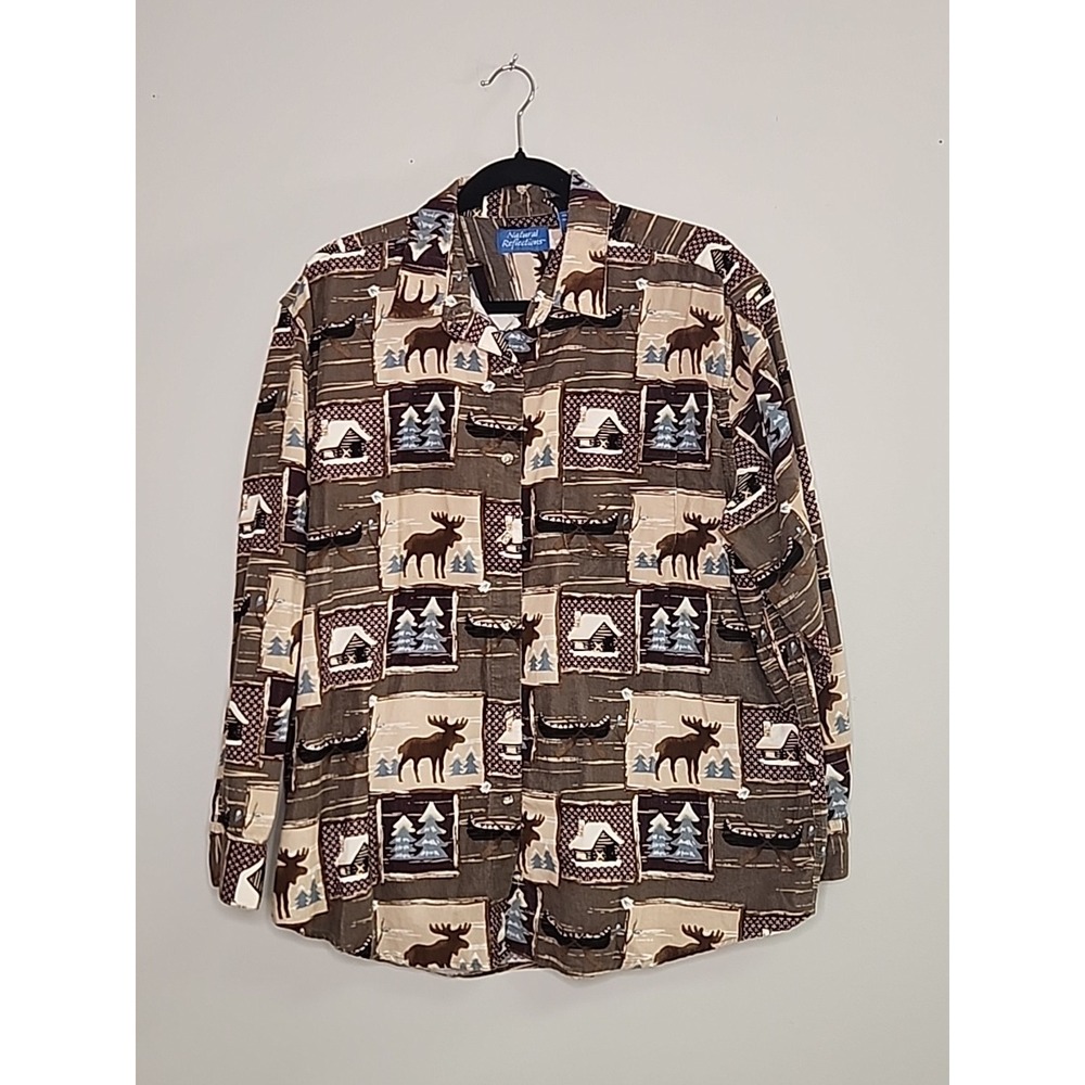 Vintage Natural Reflections Moose/cabin Courduroy Button Up Womens XL Cabincore